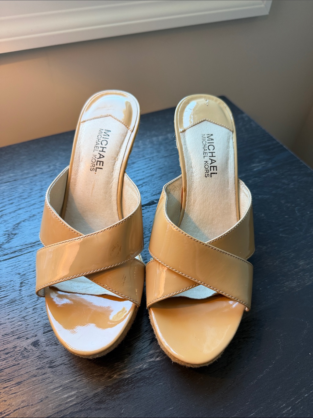 Michael Kors Patent Leather Crisscross Slide Mules In Cognac